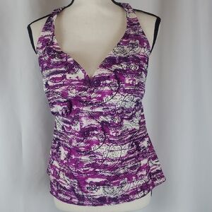 Catalina Purple and White Asymmetrical Ruffled Tank Top